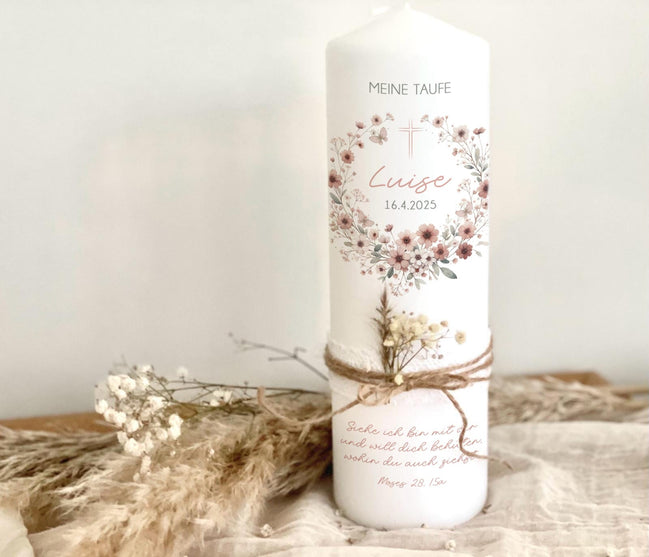 Taufkerze Luise mit Trockenblumen – Beige