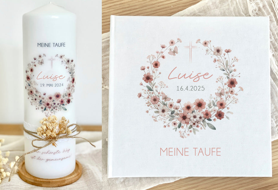 Taufkerze Luise mit Trockenblumen – Beige – Kerze+Teller+GBuch
#v-kerze-teller-gbuch